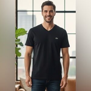 Lacoste black 100% Pima cotton V-neck, short sleeved shirt, chest logo, size XL